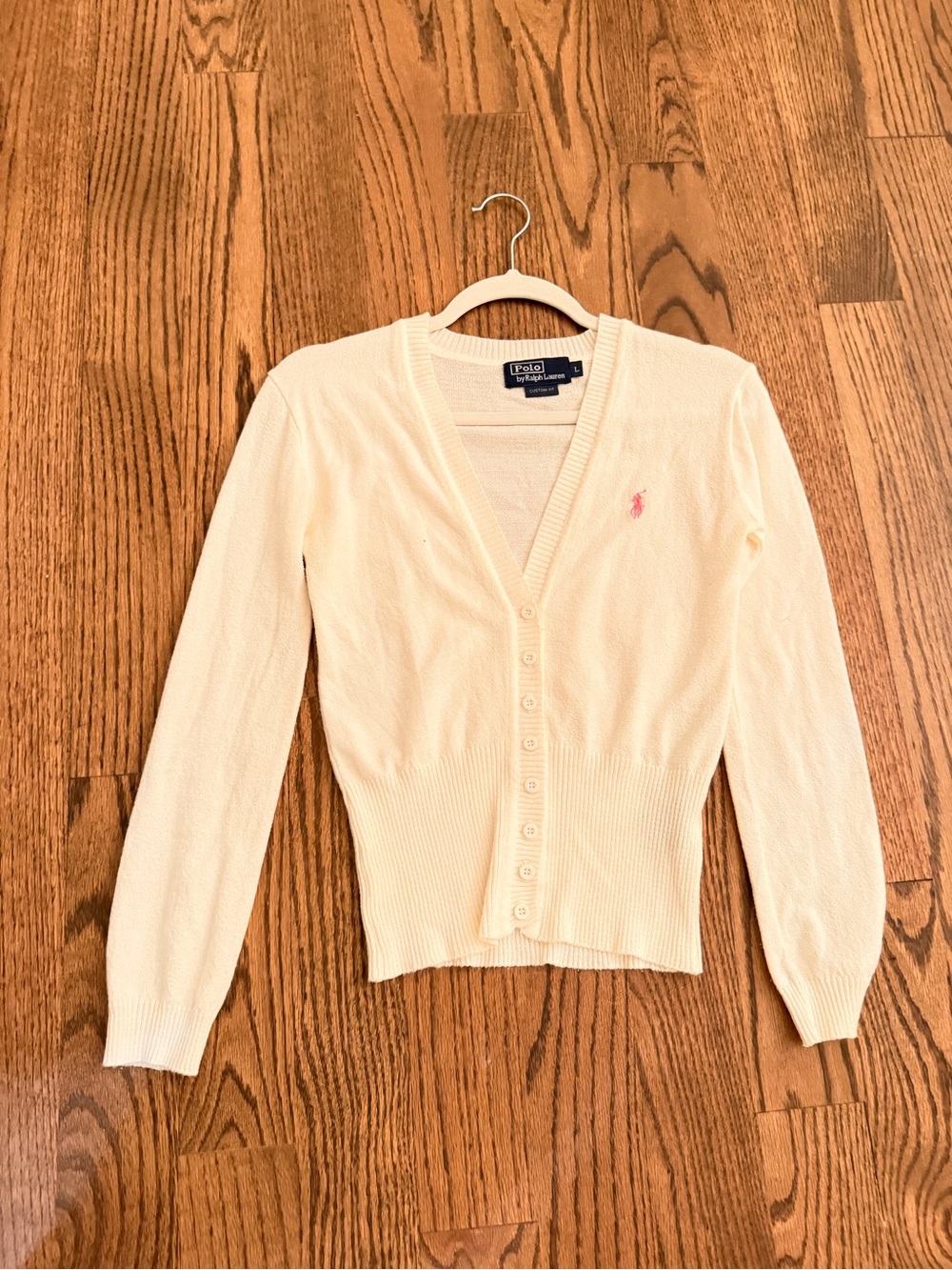Polo by Ralph Lauren Cream Button-Up V-Neck Cardigan with Pink Pony